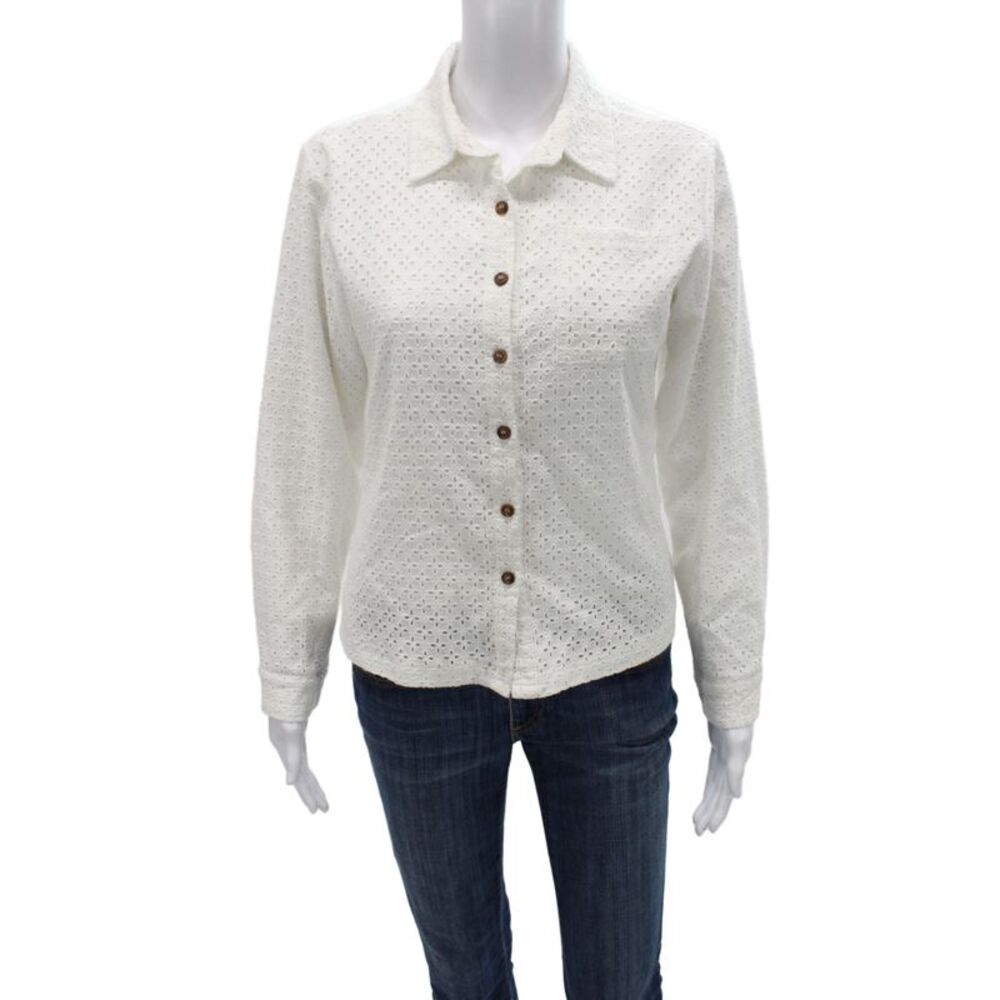 Muze Women Basic Cotton Collared Long Sleeve Button-Up Blouse White Size S